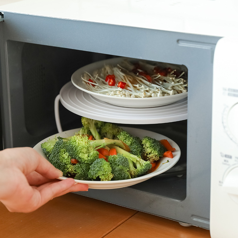 微波炉饭菜加热分层蒸架可折叠圆形上下双层置物架防滑微波炉蒸架